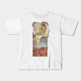 Lady of June Summer Solstice Bride with Sun Wheel and Roses Mucha Inspired Birthstone Series Kids T-Shirt